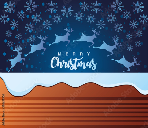 merry christmas, blue reindeers and snowflakes on chimney card