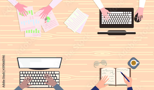 Work at the office table, top view. Type on a computer, make notes in a diary, disassemble diagrams, conduct research. Hands on the keyboard, hold a pen, write, type text. Vector, eps 10.