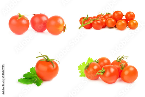 Collage of cherry tomatoes isolated on a white background cutout