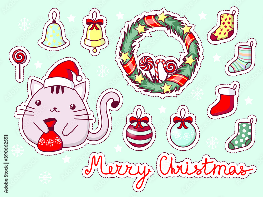 Christmas stickers with kawaii kitty. Cute christmas and Happy New Year elements. Vector illustration. 