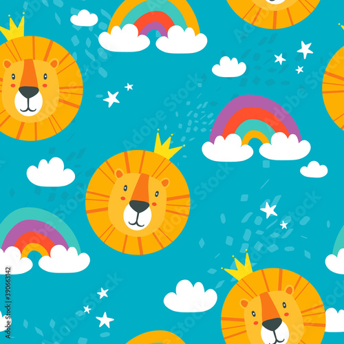 Happy lions, hand drawn backdrop. Colorful seamless pattern with animals, sky. Decorative cute wallpaper, good for printing. Overlapping background vector