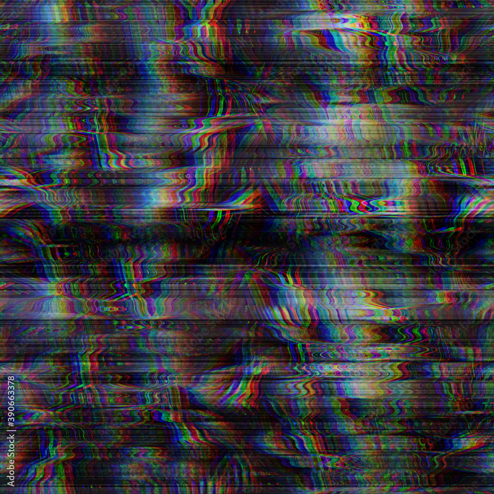 Seamless techno glitch tropical leaf RGB monitor noise. High quality illustration. Futuristic distorted signal computer screen failure. Red green and blue distortion texture effect.
