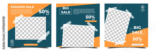 Set of editable square banner template. Fashion social media post with dark blue and yellow color. Flat vector design with photo collage. Usable for social media post , banner and web internet ads