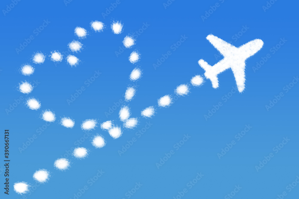Fototapeta premium Heart shape cloud with plane on blue sky