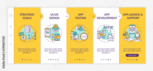 Mobile app development process onboarding vector template. Strategic development goals. App testing process. Responsive mobile website with icons. Webpage walkthrough step screens. RGB color concept