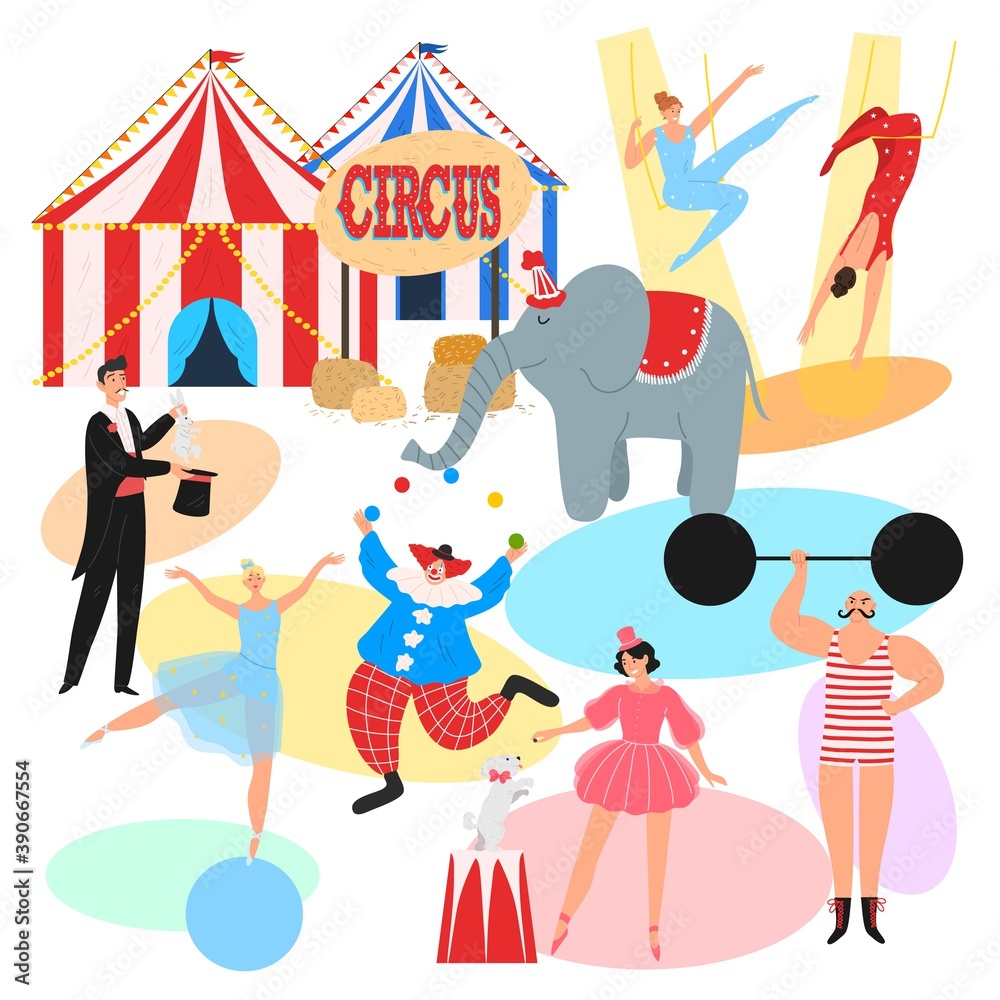 Set of people performers making show entertainment program in circus