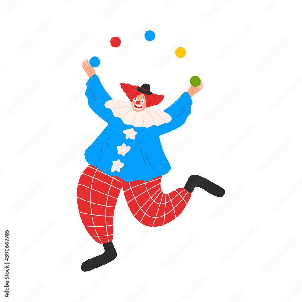 Smiling funny clown in costume juggling with colorful balls during performance in circus