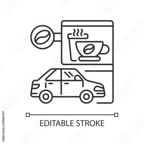 Drive through coffee shop linear icon. Transport lane for store customer. Coffeeshop order. Thin line customizable illustration. Contour symbol. Vector isolated outline drawing. Editable stroke