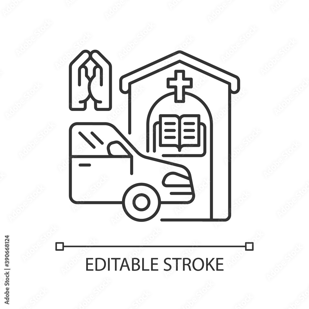 Drive through prayer booth linear icon. Car near small church. Chapel services for driver. Thin line customizable illustration. Contour symbol. Vector isolated outline drawing. Editable stroke Drive through prayer booth linear icon. Car near small church. Chapel services for driver. Thin line customizable illustration. Contour symbol. Vector isolated outline drawing. Editable stroke