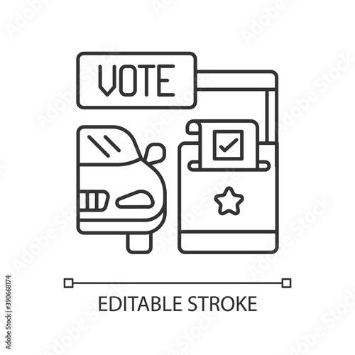 Drive through voting booth linear icon. Polling station. Express election service. Thin line customizable illustration. Contour symbol. Vector isolated outline drawing. Editable stroke