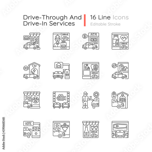 Drive through services linear icons set. Auto on fast food window. Groceries store. Coffee shop. Customizable thin line contour symbols. Isolated vector outline illustrations. Editable stroke