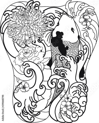 Ocean wave tattoo. a set of Japanese wave Tattoo.Koi carp with peony flower.