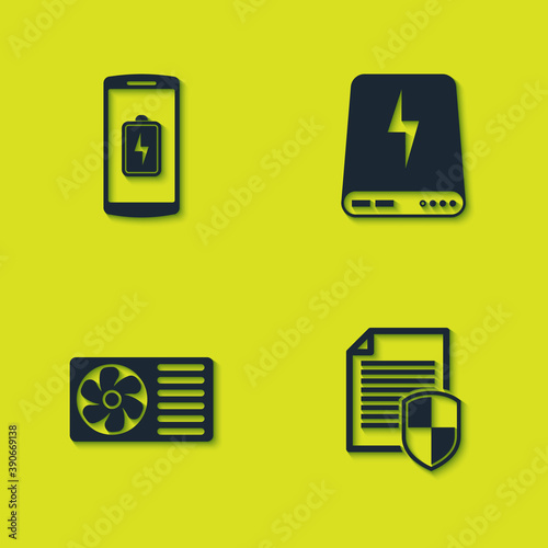 Set Smartphone battery charge, Document protection, Air conditioner and Power bank icon. Vector.