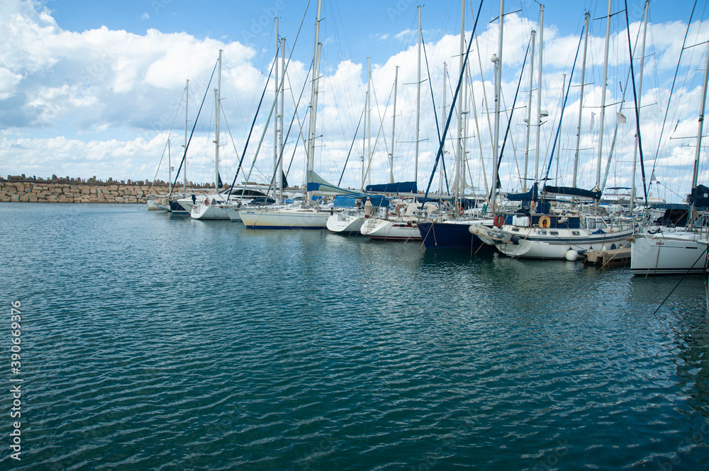 Famous Herzliya Marina with sailing yachts. Israel.