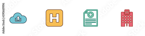 Set Cloud upload, Hospital, Clinical record and Medical hospital building icon. Vector.