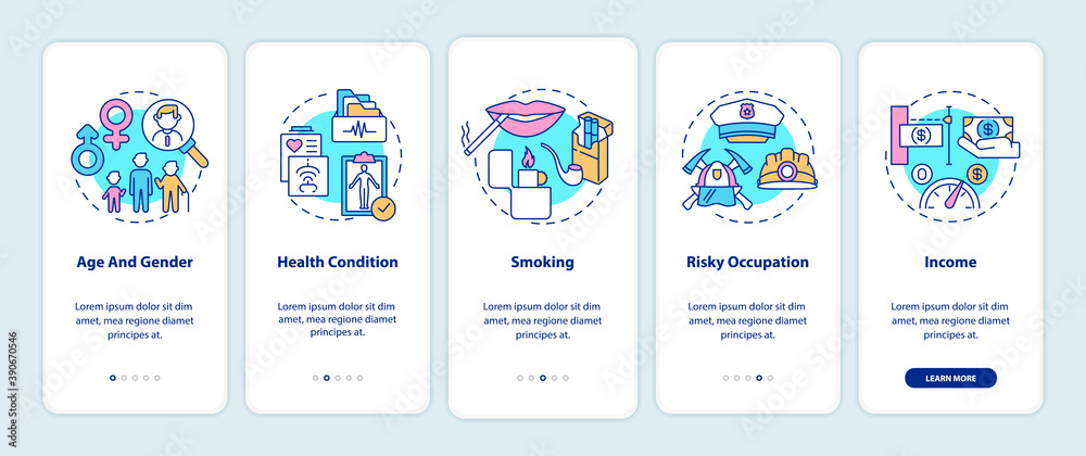Insurance cost factors onboarding mobile app page screen with concepts. Age and gender types walkthrough 5 steps graphic instructions. UI vector template with RGB color illustrations
