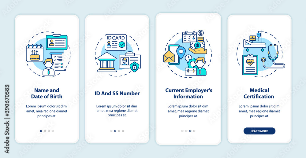 Disability insurance claim information onboarding mobile app page screen with concepts. Name and date of birth walkthrough 4 steps graphic instructions. UI vector template with RGB color illustrations