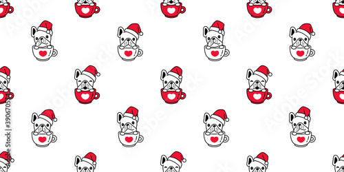 dog seamless pattern Christmas french bulldog Santa Claus hat vector coffee cup cartoon tile background repeat wallpaper scarf isolated illustration design