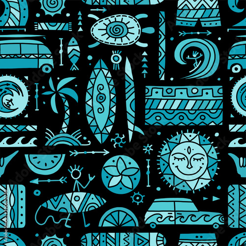 Surfing seamless pattern. Tribal elements for your design