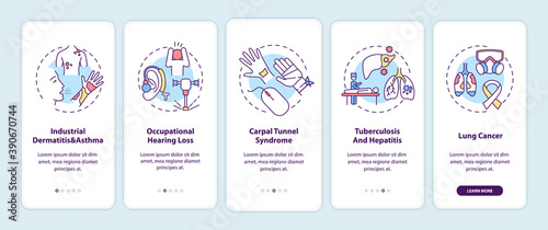 Occupational sickness onboarding mobile app page screen with concepts. Industrial dermatitis asthma walkthrough 5 steps graphic instructions. UI vector template with RGB color illustrations