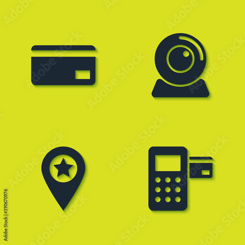Set Credit card, Pos terminal, Location with star and Web camera icon. Vector.
