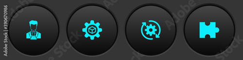 Set Scientist and test tube, Product development, Gear arrows as workflow and Piece of puzzle icon. Vector.