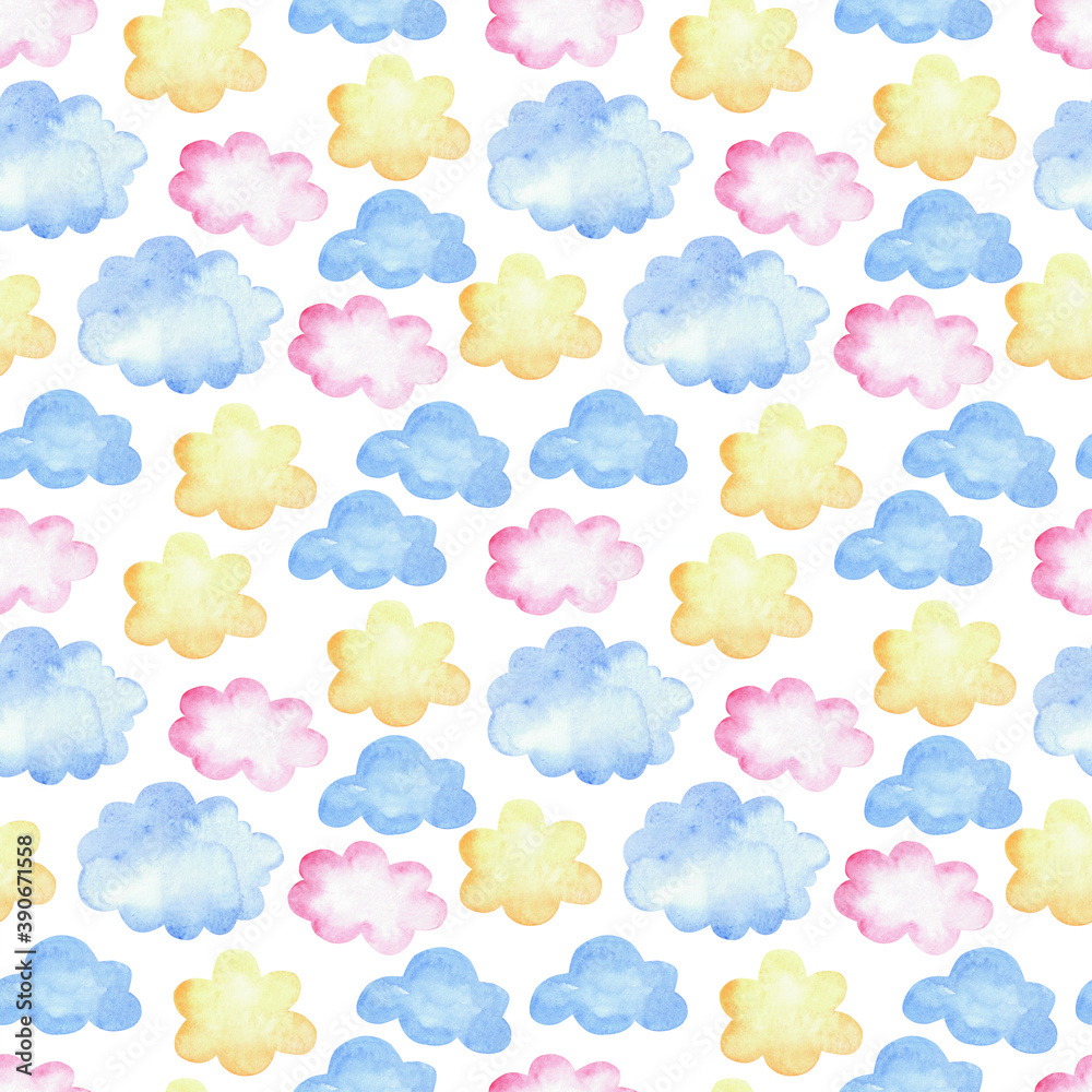 Watercolor pattern with blue, pink, yellow clouds. Seamless background elements on white.