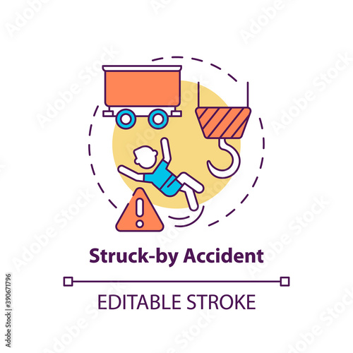 Struck by accident concept icon. Work related injuries. Dangerous things on working place. Hit by big machine idea thin line illustration. Vector isolated outline RGB color drawing. Editable stroke