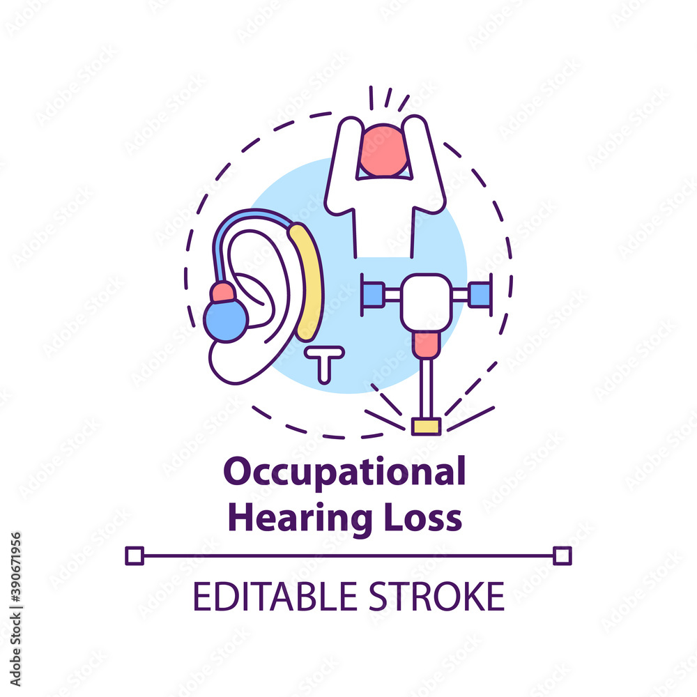 Occupational hearing loss concept icon. Occupational sickness. Problems with ears while working idea thin line illustration. Vector isolated outline RGB color drawing. Editable stroke