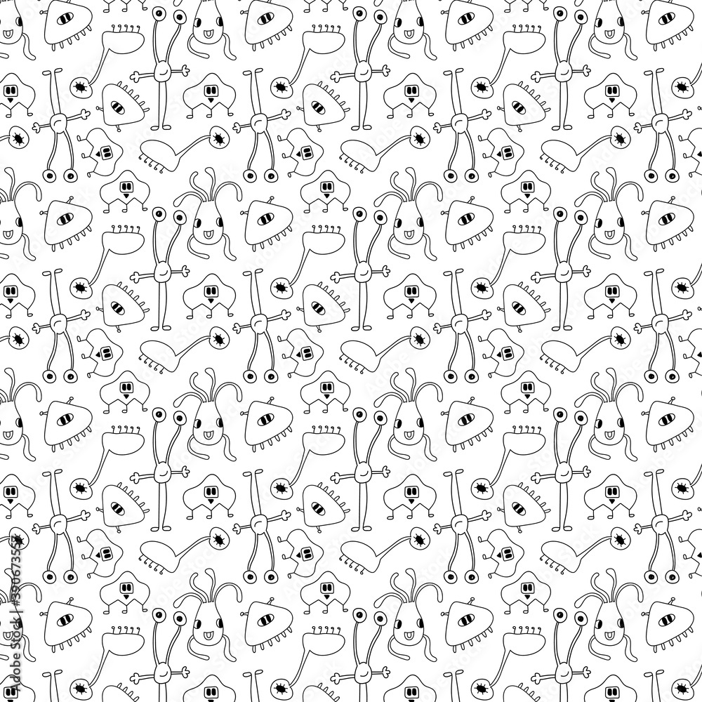 Seamless pattern with doodle monsters vector illustration. Perfect for kids bedroom, nursery decoration, posters, wrapping paper and wall decorations.