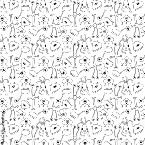 Seamless pattern with doodle monsters vector illustration. Perfect for kids bedroom, nursery decoration, posters, wrapping paper and wall decorations.