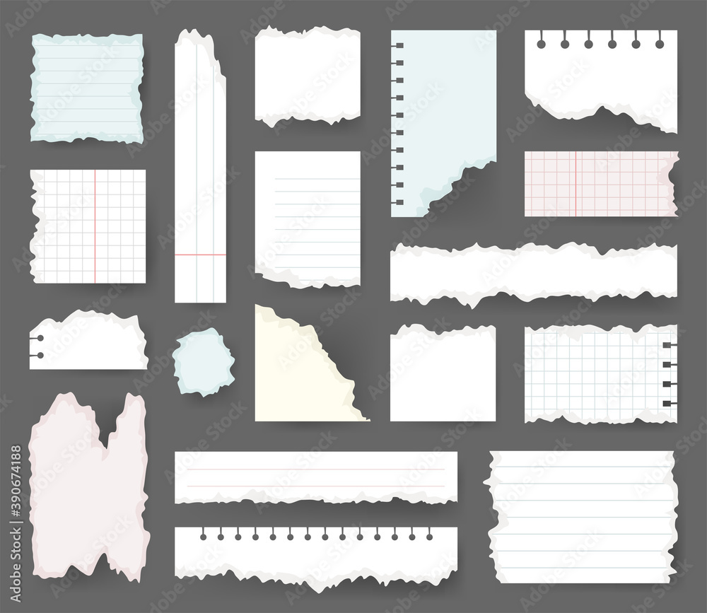 Vector Illustration Clip Art Scraps Papers. Set of Notebook Pieces. Torn Page Isolated Objects