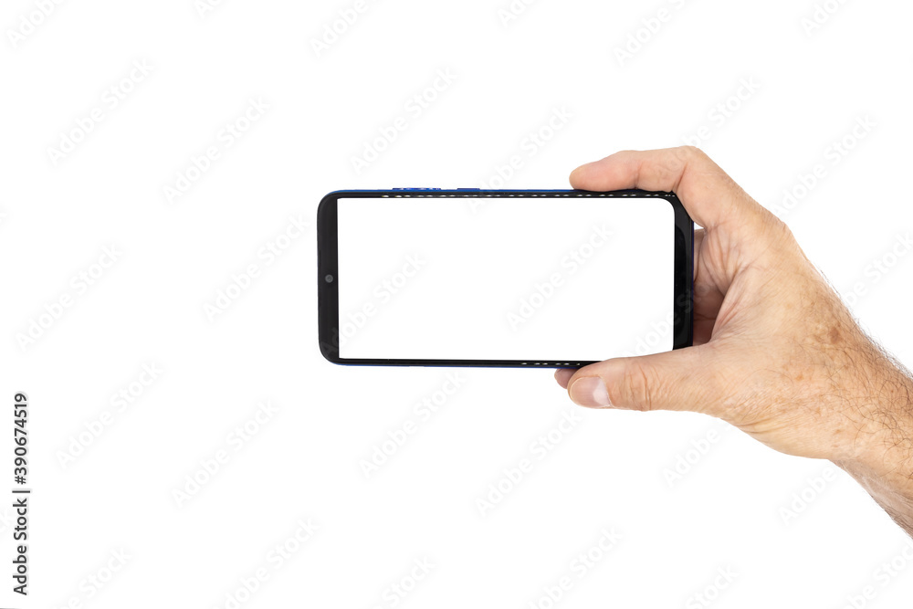 Holding the smartphone with blank screen and modern frameless design Holding the smartphone with blank screen and modern frameless design