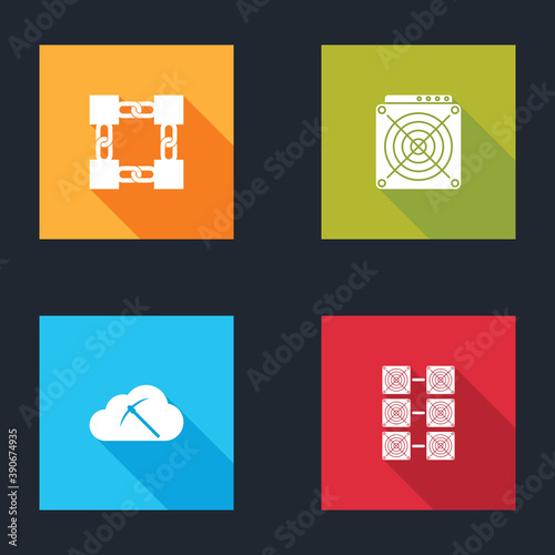 Set Blockchain technology, ASIC Miner, Cryptocurrency cloud mining and Mining farm icon. Vector.