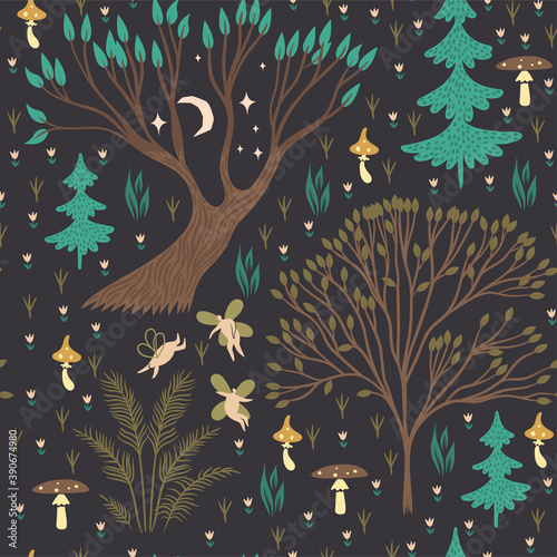 Magic forest seamless pattern on a dark background. Vector graphics.