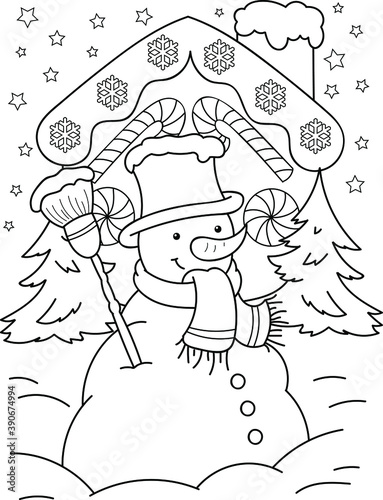 Coloring page outline of cartoon smiling cute Snowman. Colorful vector illustration, winters coloring book for kids.
