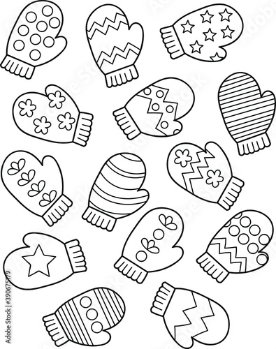 Coloring page outline of cartoon set of mittens. Colorful vector illustration, winters coloring book for kids.