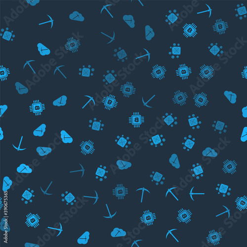 Set Pickaxe, ASIC Miner, CPU mining farm and Cryptocurrency cloud on seamless pattern. Vector.