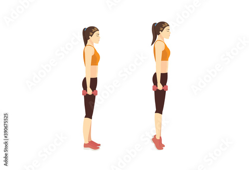 Sport woman doing exercise with tip toe pose with holding dumbbell in the hands for reduce leg cellulite. Workout diagram about Calves reduction for slim leg.