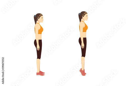Sport woman doing exercise with tip toe pose move for reduce leg cellulite. Workout diagram about Calves reduction for slim leg.