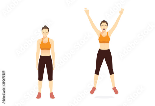 Sport woman doing exercise with jumping jack pose for cardiovascular health and boosting your metabolism. Cartoon for Workout diagram about exercise posture to burn fat.