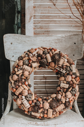 wreath of nuts and wine corks. christmas wreath made of natural materials