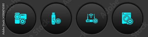 Set Video camera setting, USB flash drive, Router and wi-fi and Washer icon. Vector.