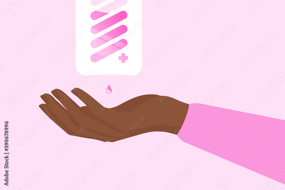 Obraz premium Woman's hand placed under automatic contactless hand sanitizer dispenser. Taking care of hand hygiene to prevent viral transmission. Modern vector illustration with copy space.