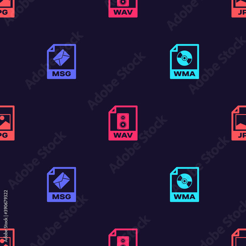 Set WMA file document, MSG, WAV and JPG on seamless pattern. Vector.
