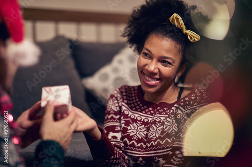 Cheerful teenage girl reciving present; Happy family moments concept