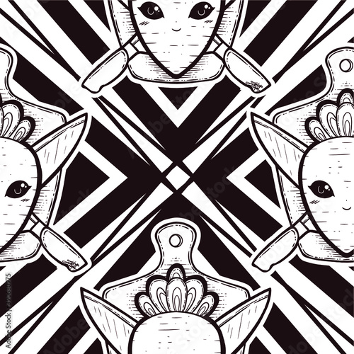 Root Vegetable - Carrot/Radish - and Knife Coat of Arms Seamless Surface Pattern Design
