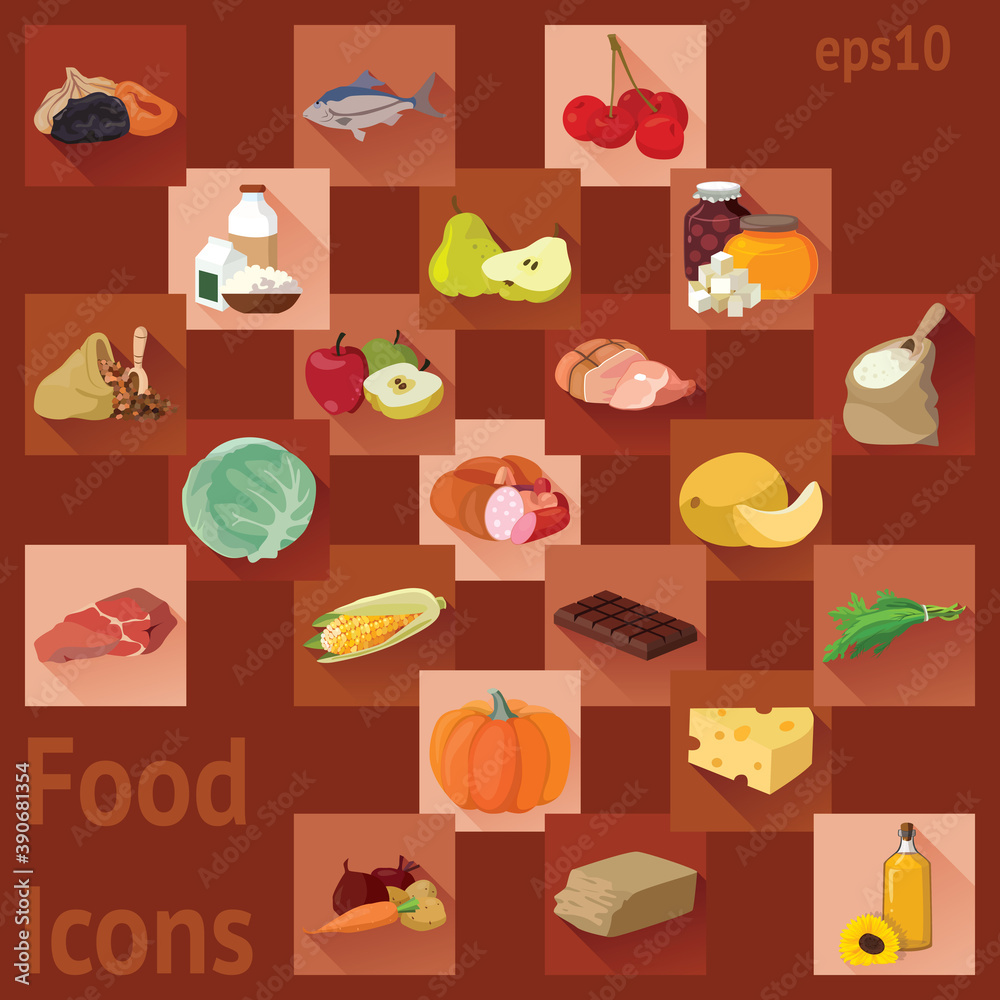 Fruits, vegetables, fats, meat, cereals, dairy products Fruits, vegetables, fats, meat, cereals, dairy products