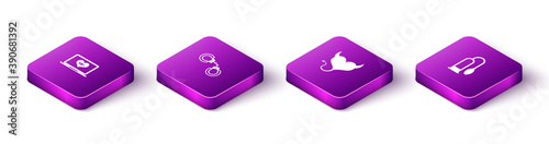Set Isometric Laptop with 18 plus content, Sexy fluffy handcuffs, Devil heart horns and Penis pump icon. Vector.