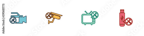 Set Video camera service, Security, Tv and USB flash drive icon. Vector.